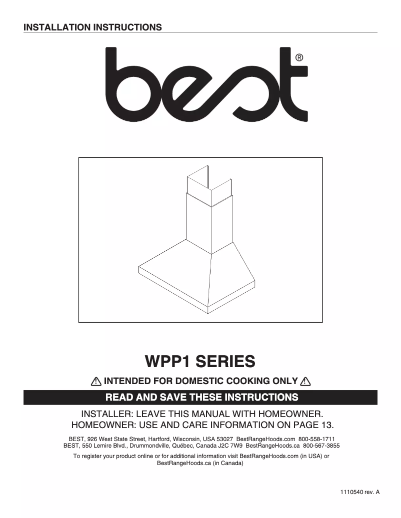 Page 1 de la notice Manuel utilisateur Best WPP1366SS