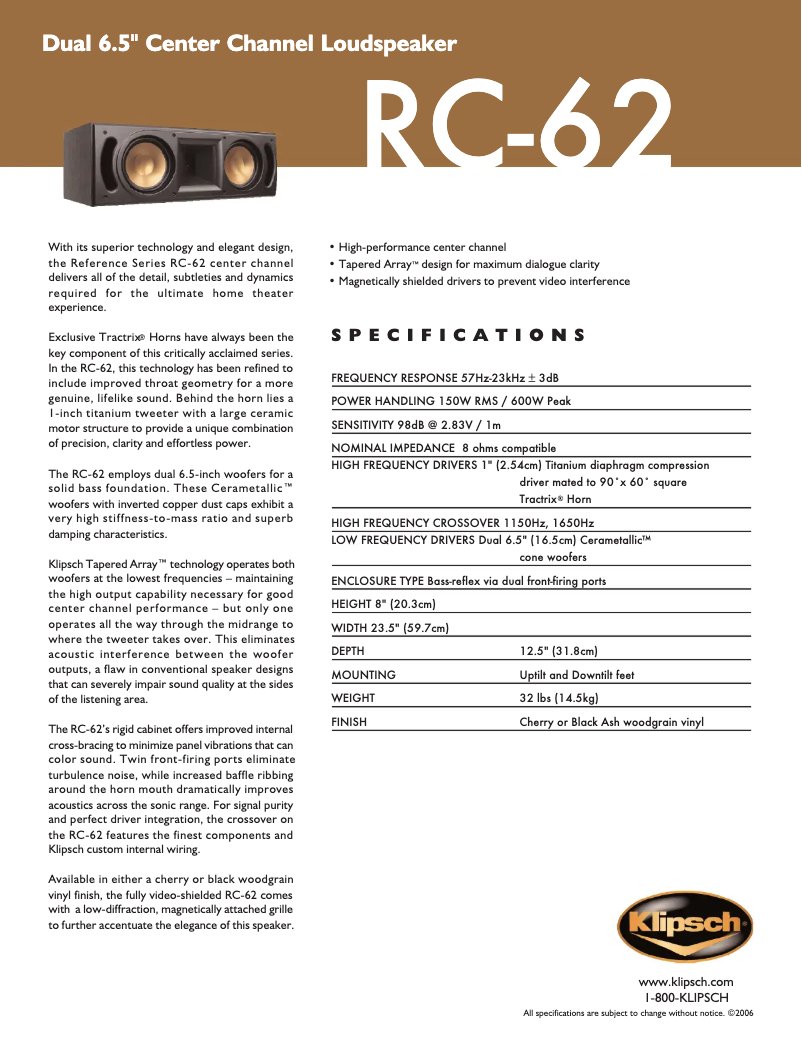 Page 1 de la notice Fiche technique Klipsch Reference RC-62 II