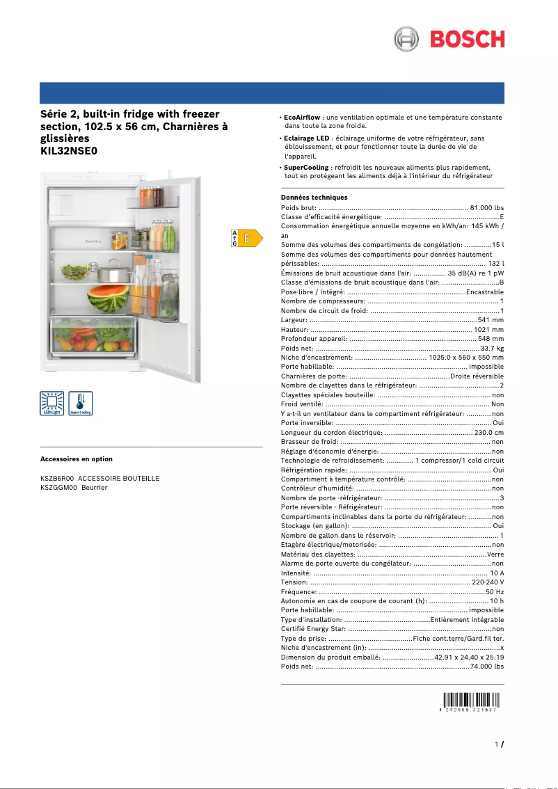 Page 1 de la notice Fiche technique Bosch KIL32NSE0