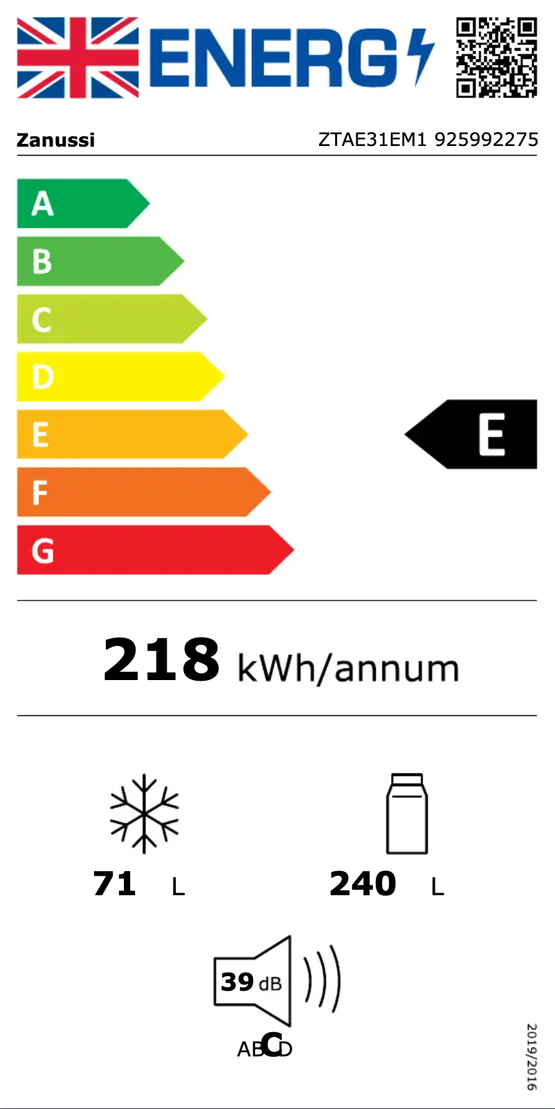 Page 1 de la notice Label énergétique Zanussi ZTAE31EM1