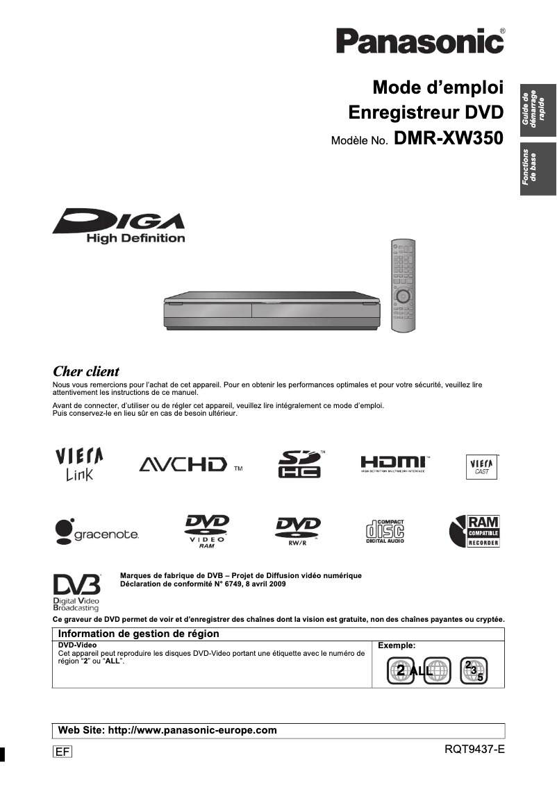 Image de la première page du manuel de l'appareil DMR-XW350