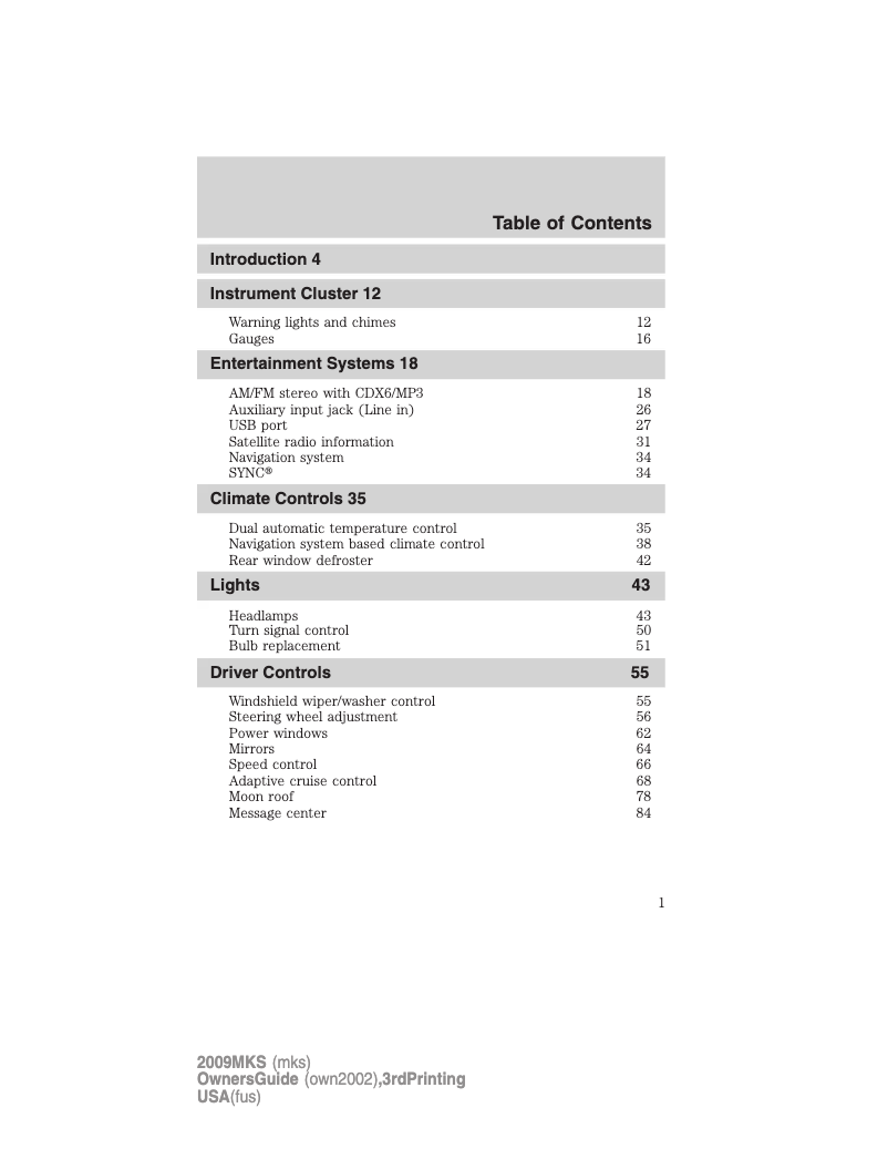 Page 1 de la notice Manuel utilisateur Lincoln MKS (2009)