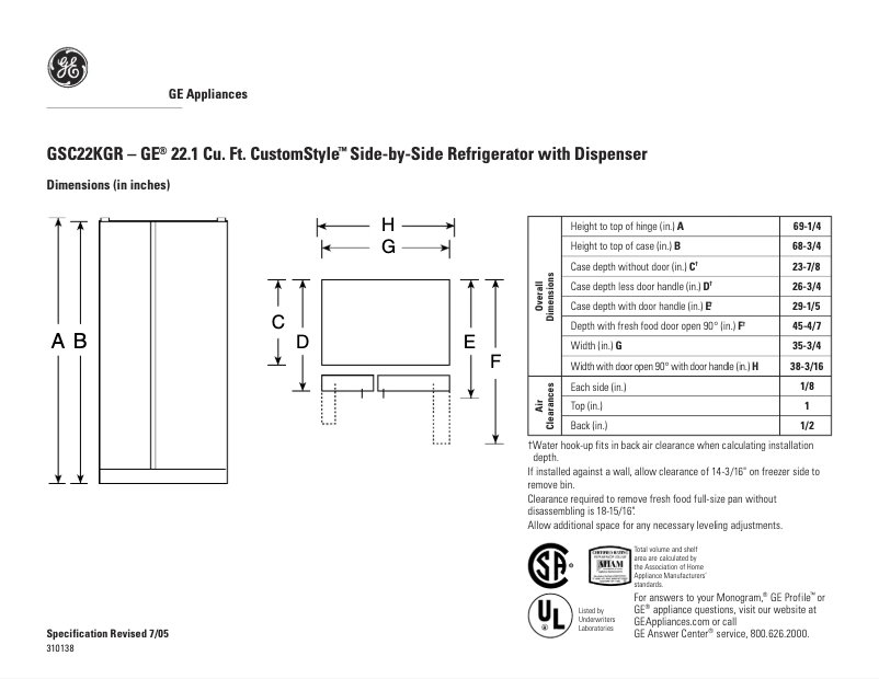 Page 1 de la notice Fiche technique GE GSC22KGRBB
