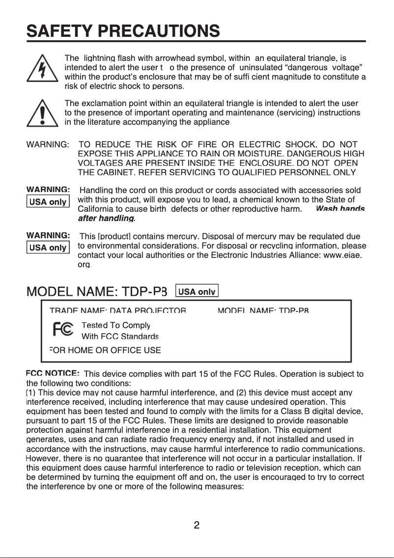 Page 1 de la notice Manuel utilisateur Toshiba TDP-P8
