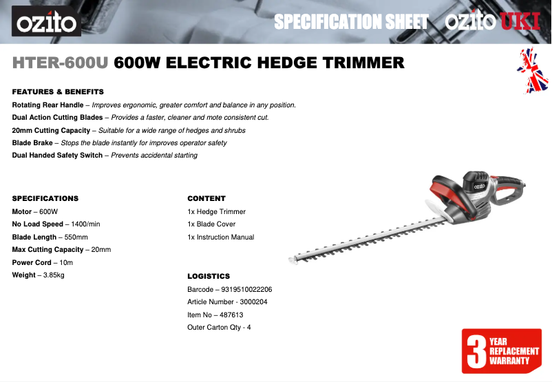 Page 1 de la notice Fiche technique Ozito HTER-600