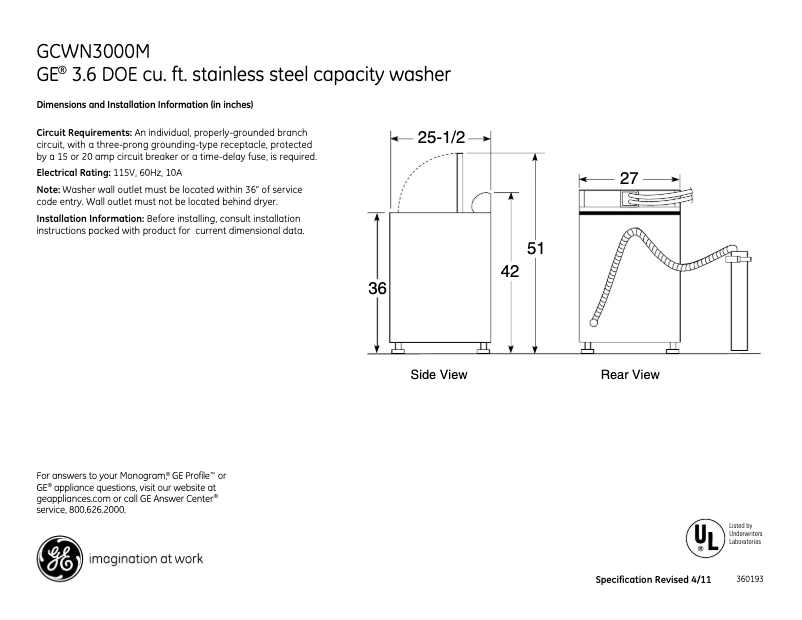 Página 1 del manual Ficha técnica GE GCWN3000MWS