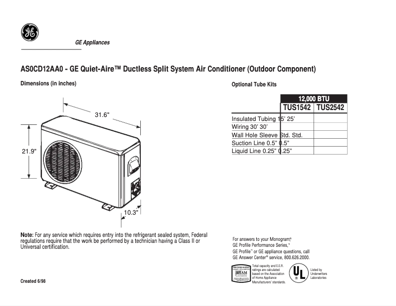 Página 1 del manual Ficha técnica GE Quiet-Aire AS0CD12AA0