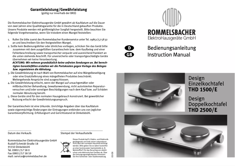 Page 1 de la notice Manuel utilisateur Rommelsbacher THD 1500