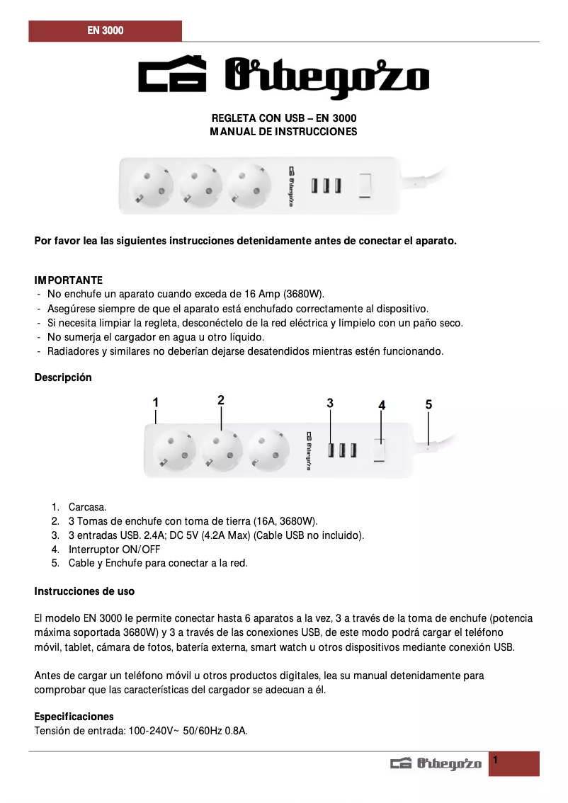 Page 1 de la notice Manuel utilisateur Orbegozo EN 3000