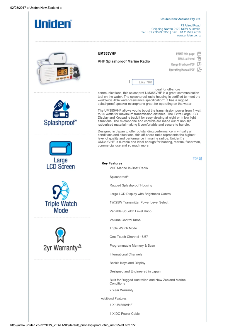 Page 1 de la notice Fiche technique Uniden UM355VHF