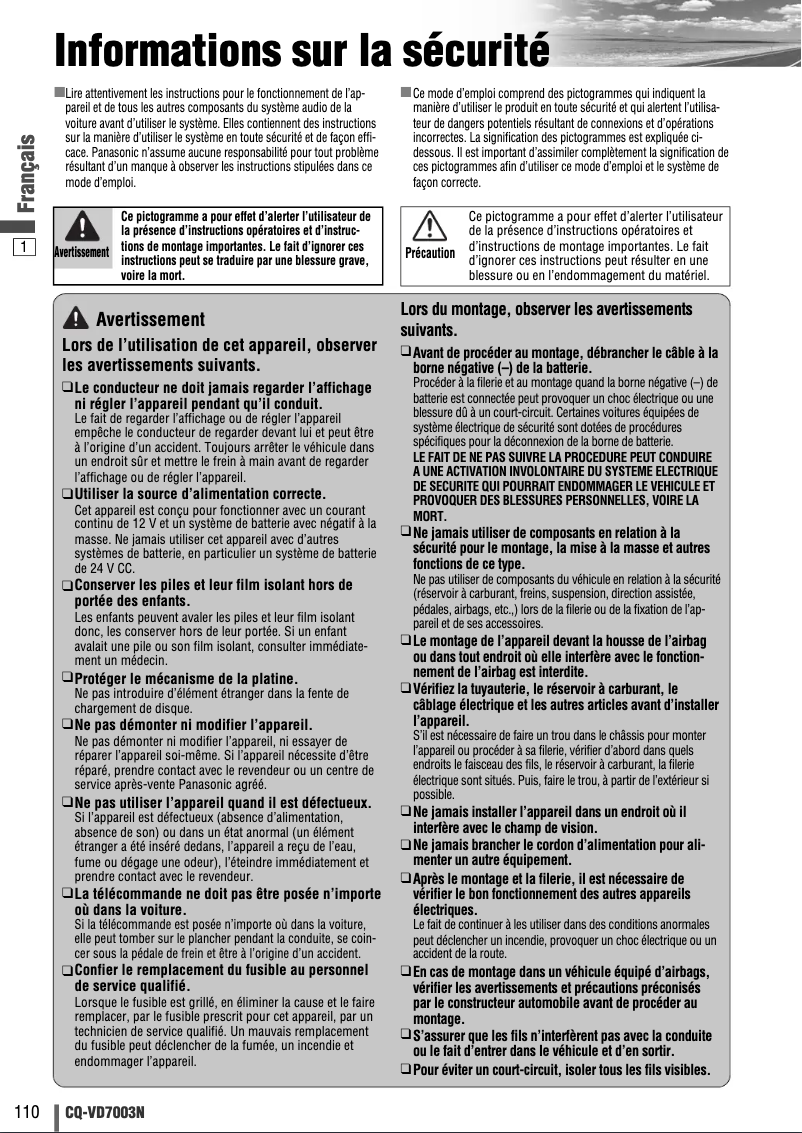 Página 1 del manual Manual de usuario Panasonic CQ-VD7003N