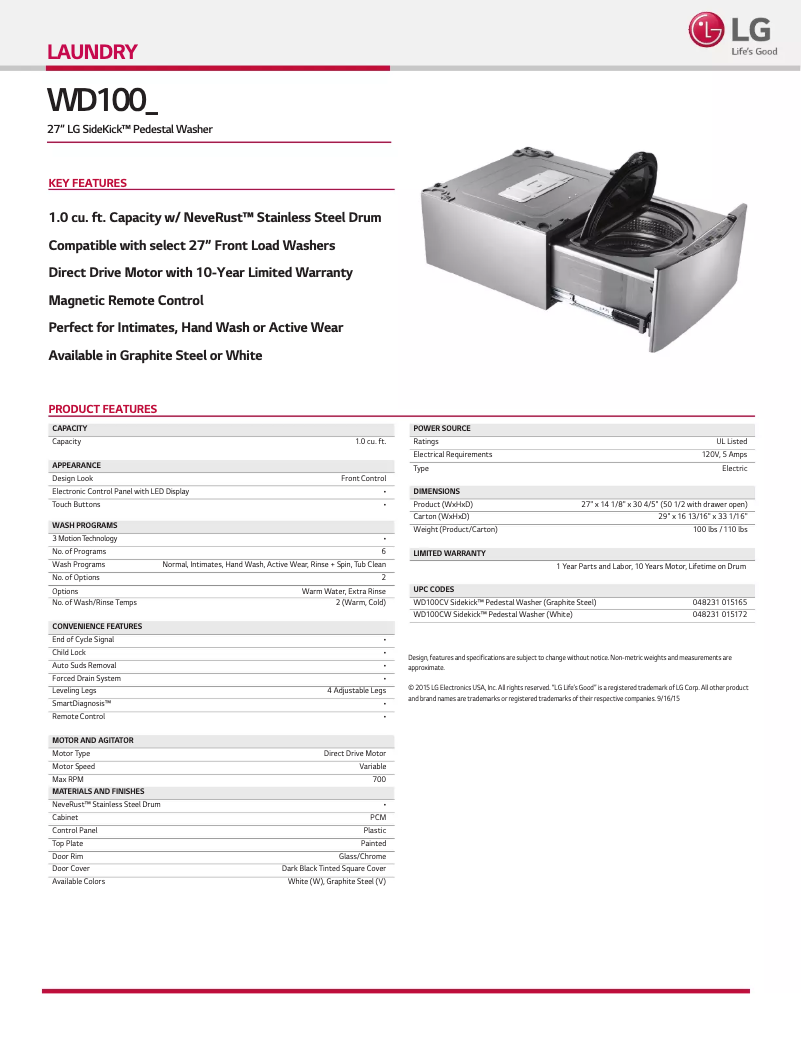 Page 1 de la notice Fiche technique LG WD100CB