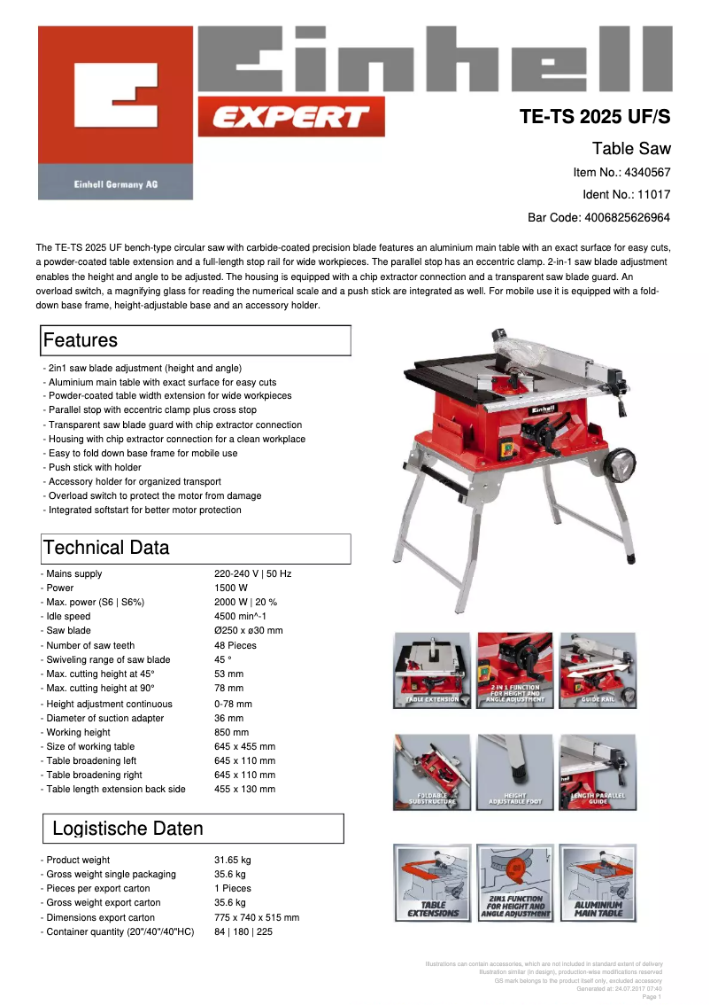 Page 1 de la notice Fiche technique Einhell TE-TS 2025 UF/S