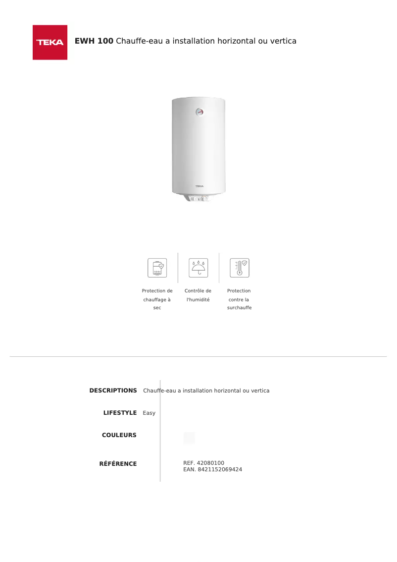 Page 1 de la notice Fiche technique Teka EWH 100