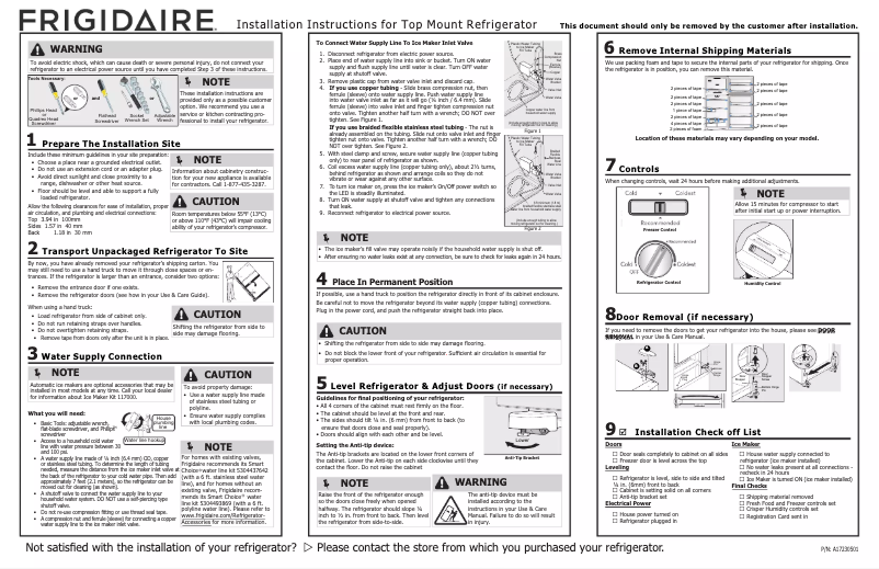 Page 1 de la notice Guide d'installation Frigidaire FFHT1425VV