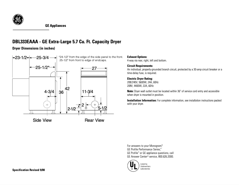 Page 1 of the manual Technical Sheet GE DBL333EAAA