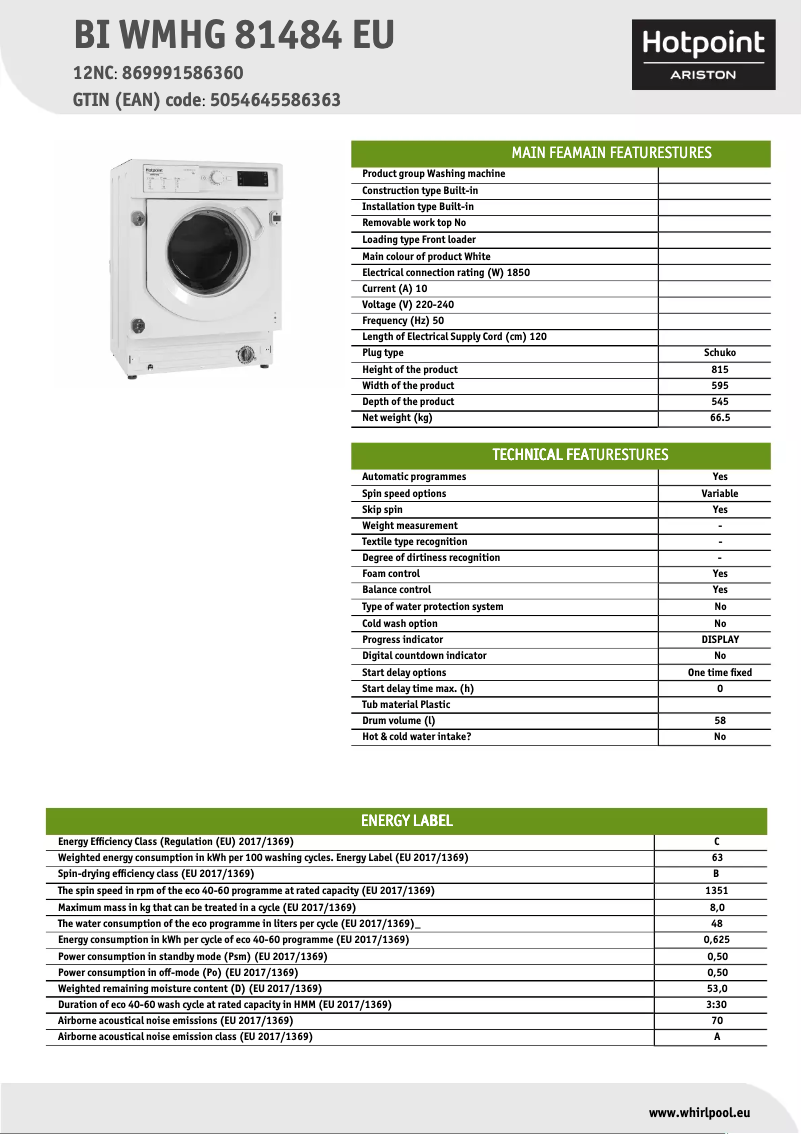 Página 1 del manual Ficha técnica Hotpoint BI WMHG 81484 EU
