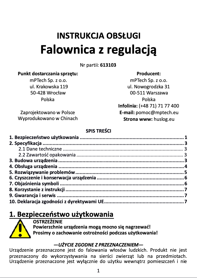 Page 1 de la notice Manuel utilisateur Huslog BE-500234