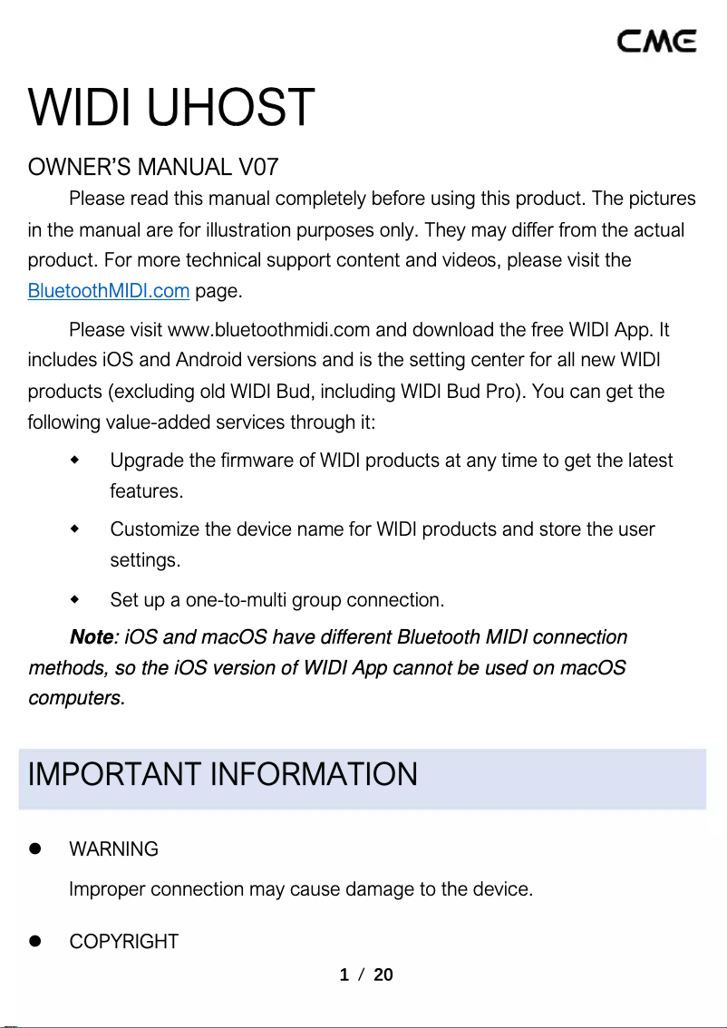 Page 1 de la notice Manuel utilisateur CME WIDI Uhost