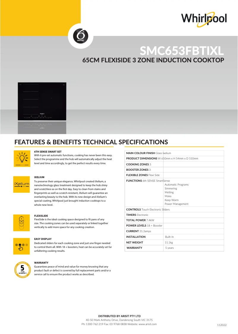 Page 1 of the manual Technical Sheet Whirlpool SMC 653 F/BT/IXL