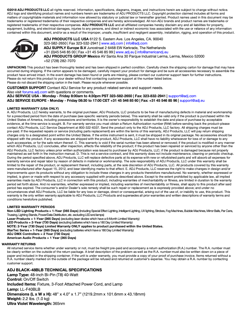 Page 1 de la notice Manuel utilisateur Adj LL-F40BLB