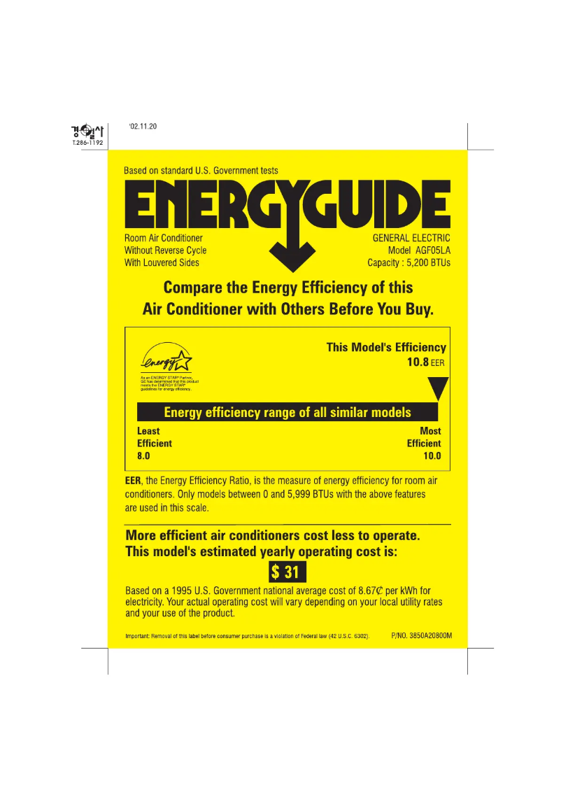 Página 1 del manual Etiqueta energética GE AGF05LA