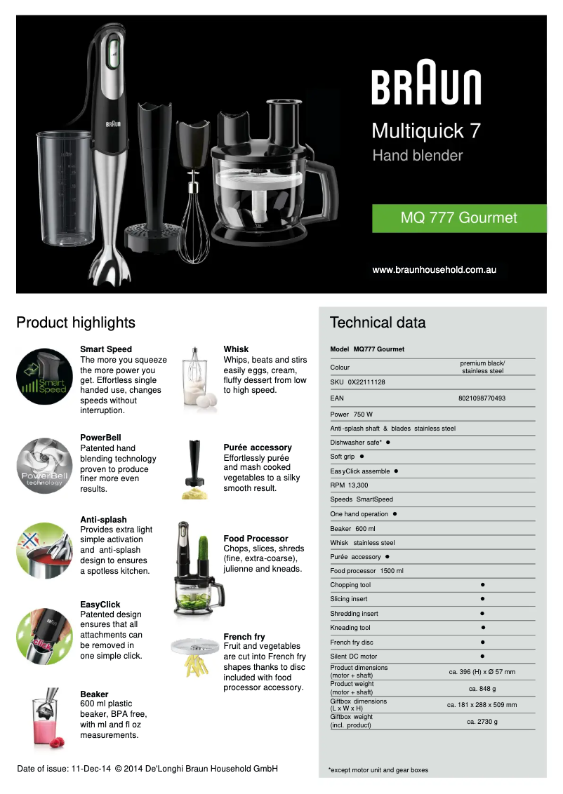 Page 1 de la notice Fiche technique Braun Multiquick 7 MQ 777