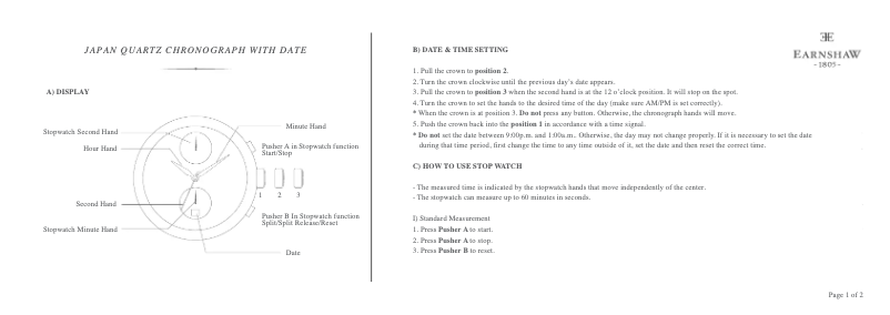 Page 1 de la notice Manuel utilisateur Earnshaw Bauer Fumée Chronograph ES-8094-04