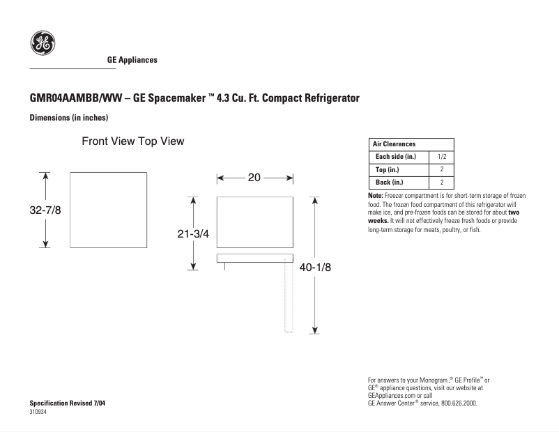 Page 1 of the manual Technical Sheet GE GMR04AAMWW