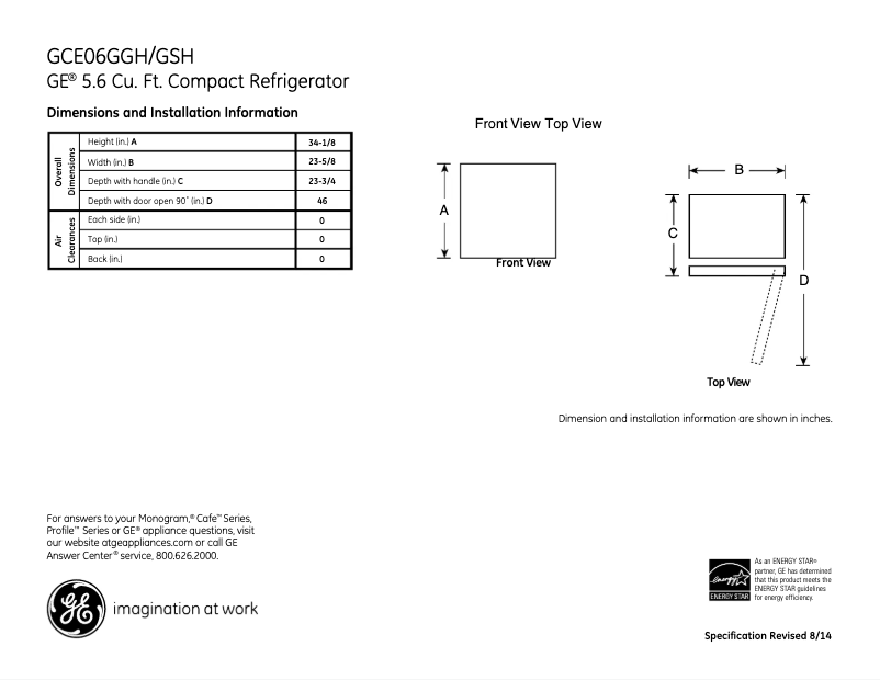 Página 1 del manual Ficha técnica GE GCE06GGHWW