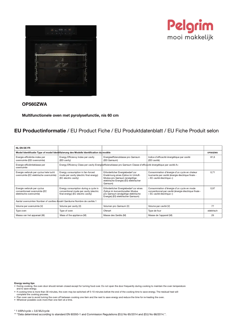 Página 1 del manual Ficha técnica Pelgrim OP560ZWA