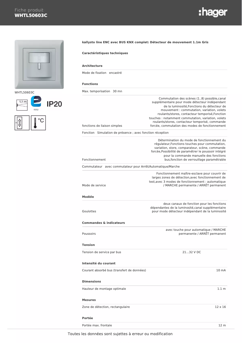 Page 1 de la notice Fiche technique Hager WHTL50603C