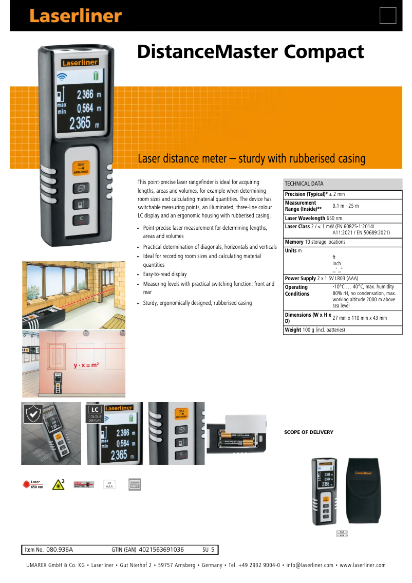 Page 1 de la notice Fiche technique Laserliner DistanceMaster Compact