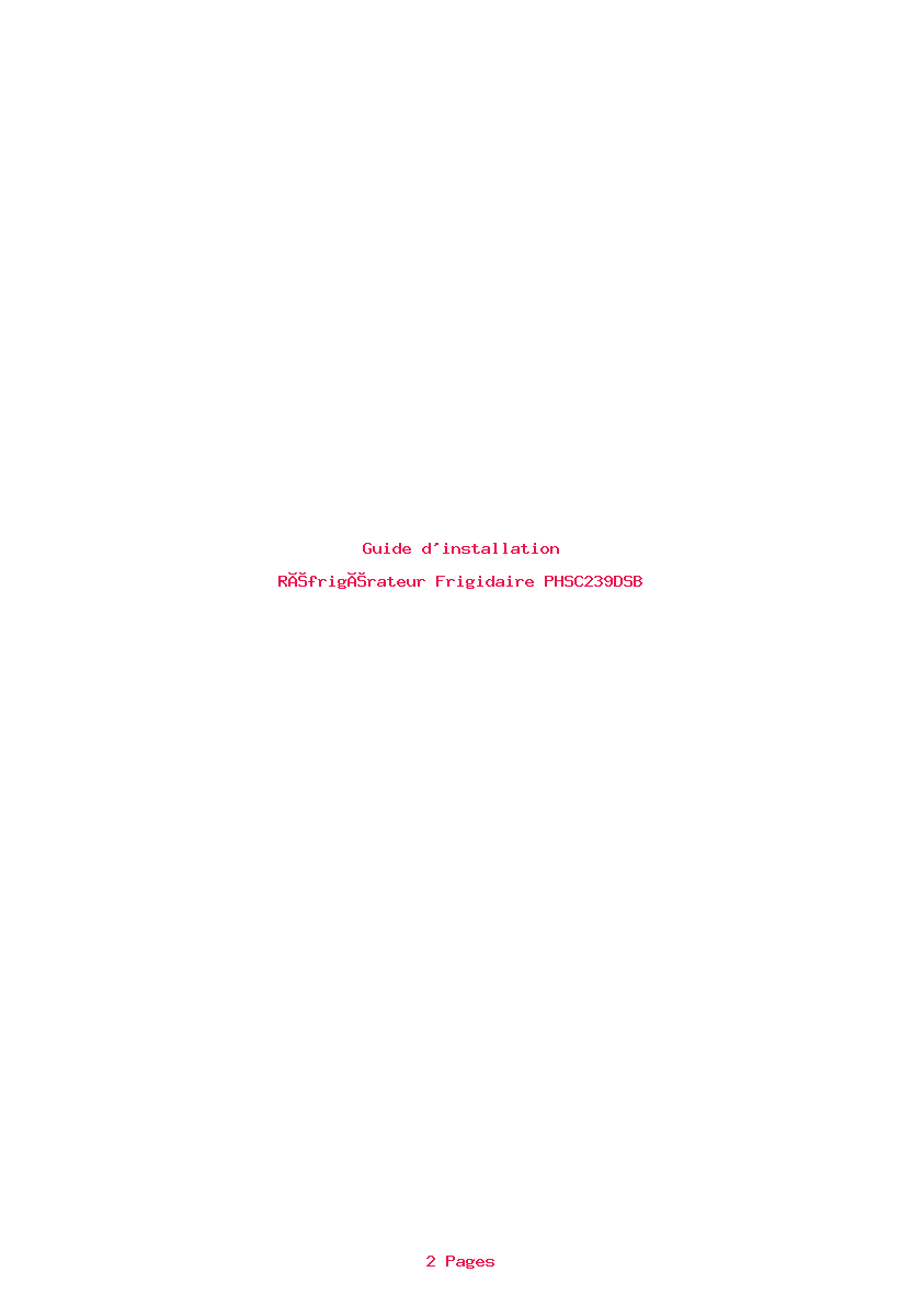 Page 1 de la notice Guide d'installation Frigidaire PHSC239DSB