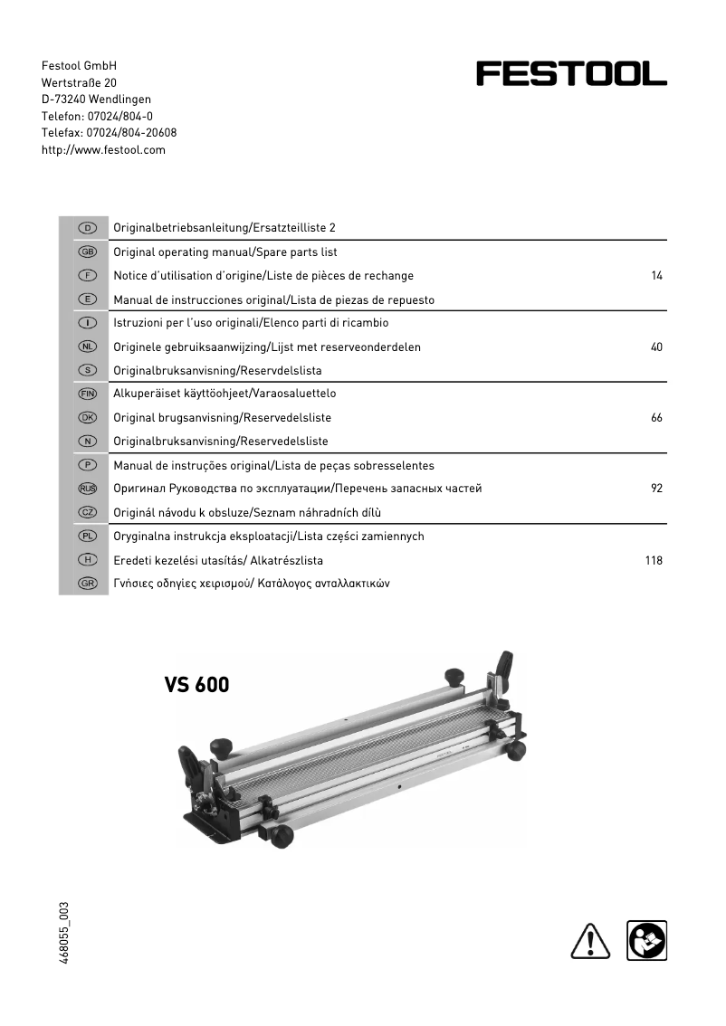Page 1 of the manual User Manual Festool VS 600 GE