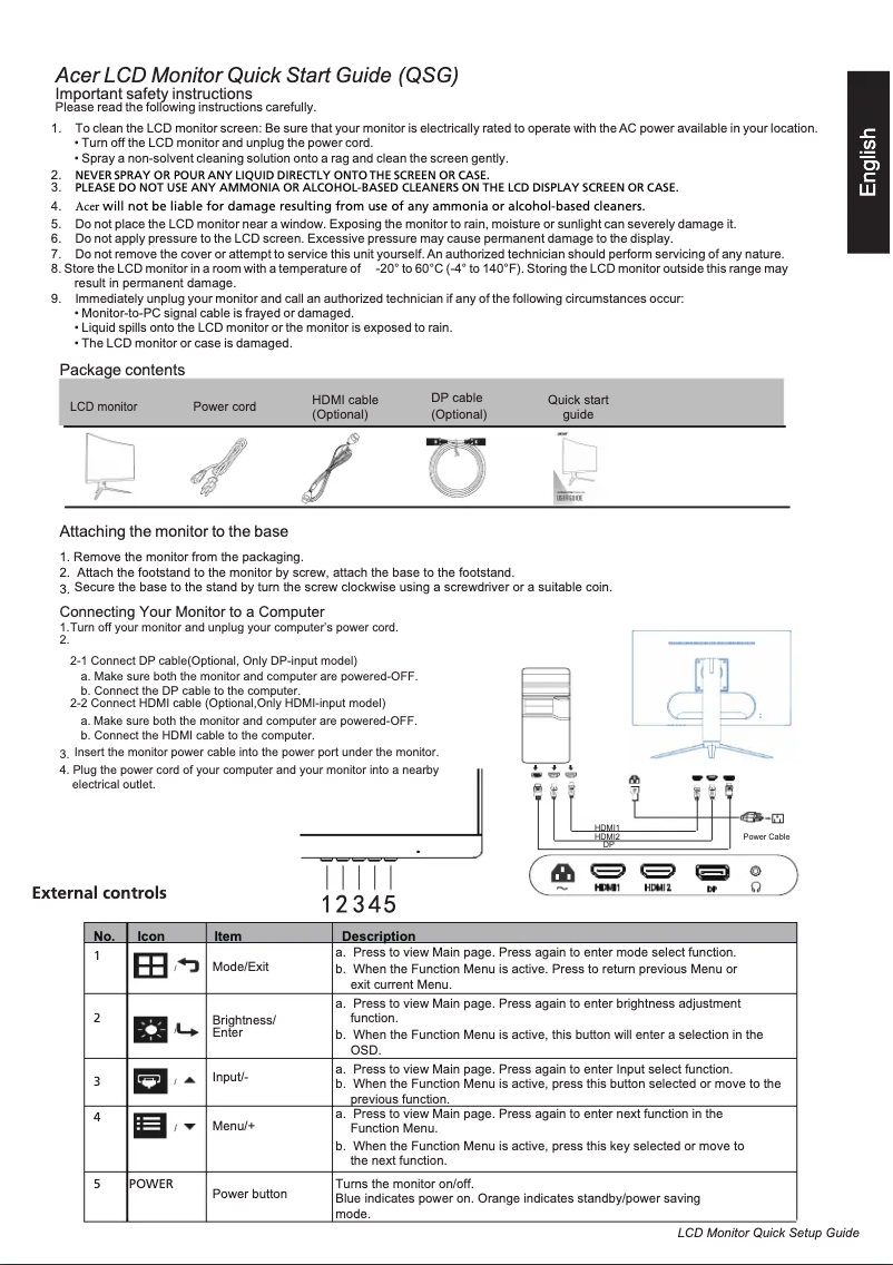 Page 1 de la notice Guide de démarrage rapide Acer XZ323QUX3