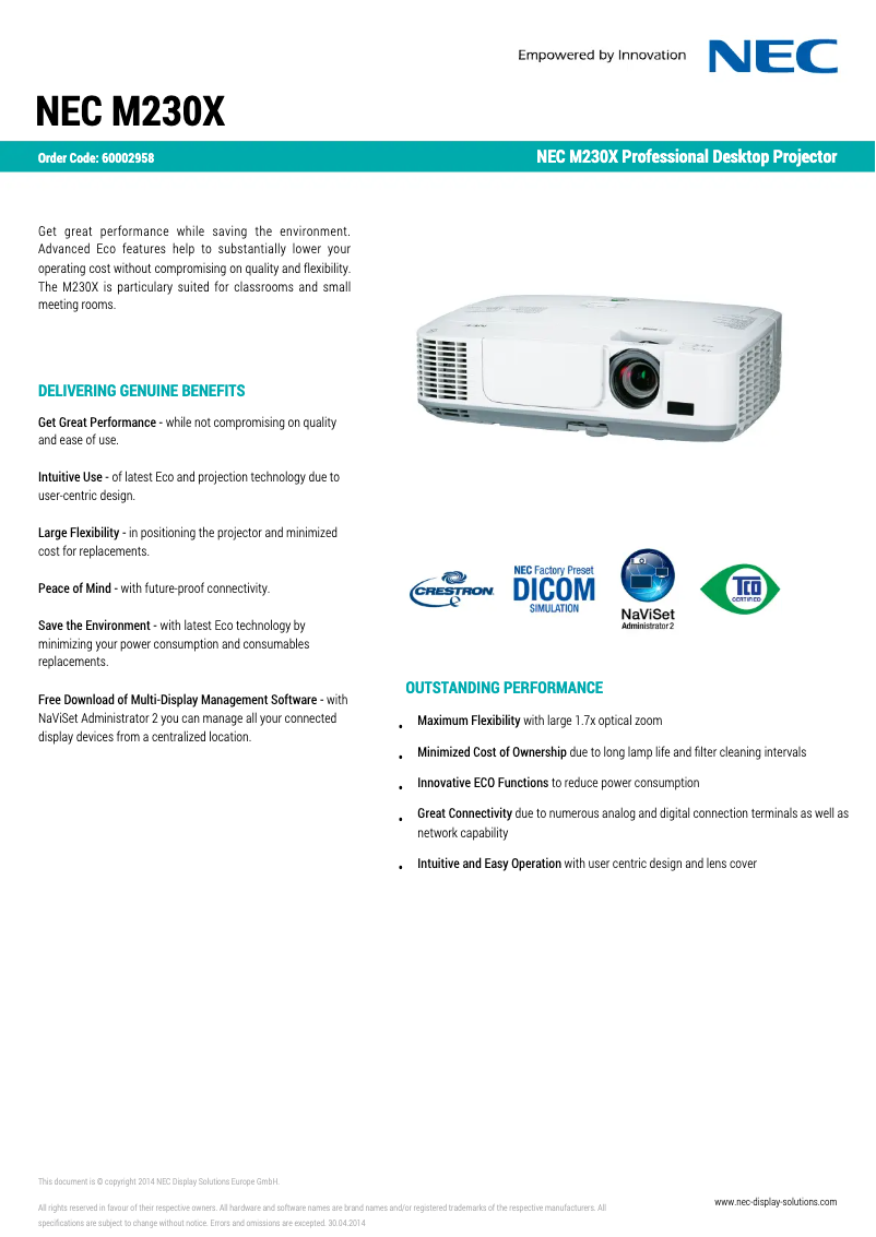 Page 1 de la notice Fiche technique NEC M230X