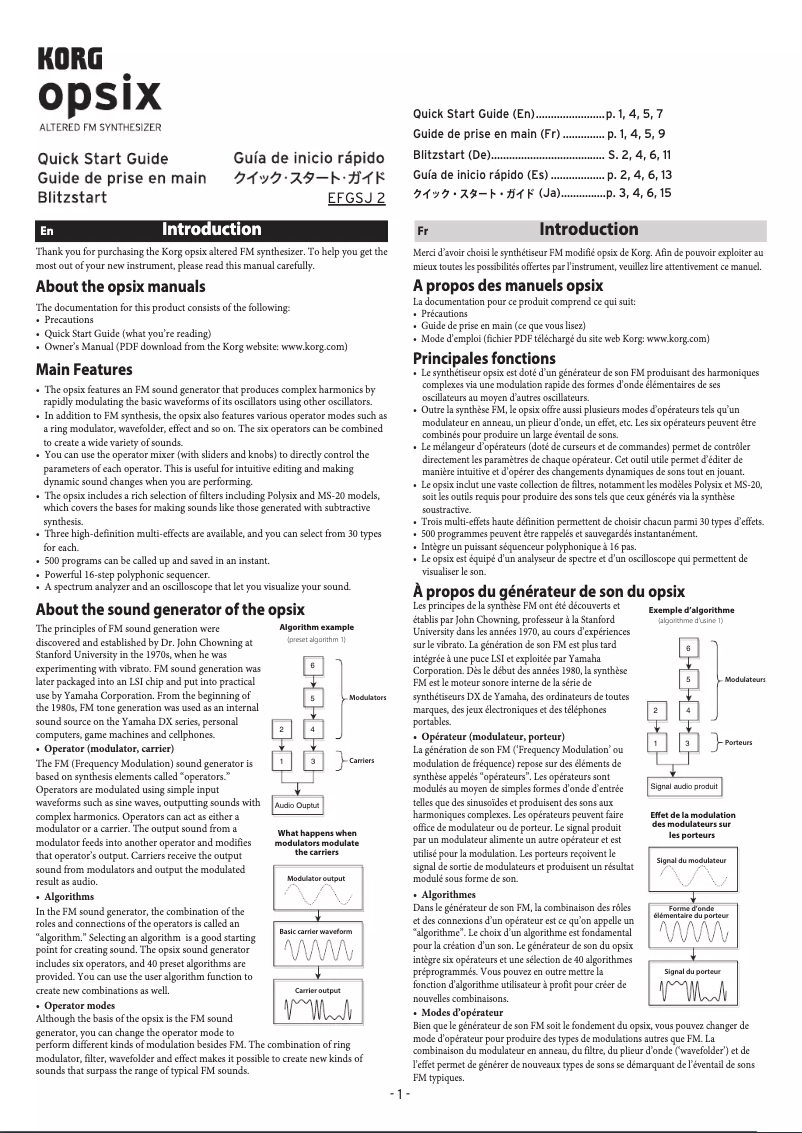 Page 1 de la notice Guide de démarrage rapide Korg Opsix MKII