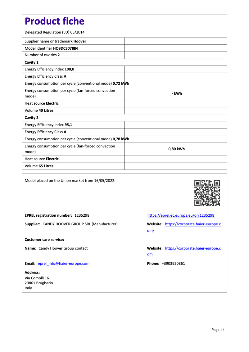 Page 1 de la notice Fiche technique Hoover H-OVEN 300 HOT3161WI WIFI