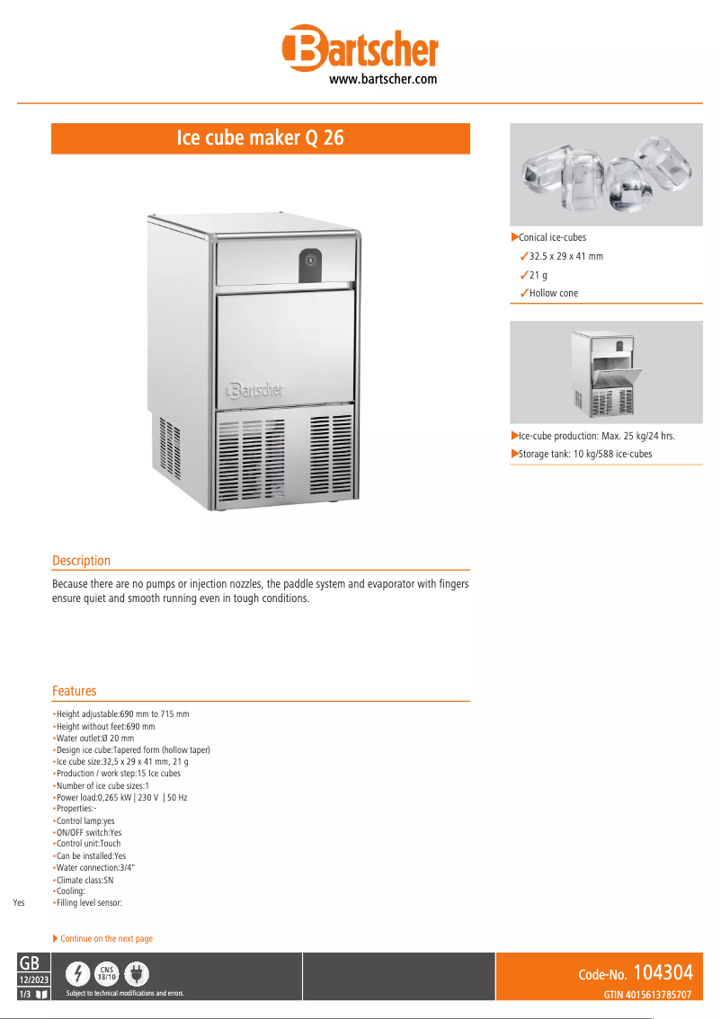 Page 1 de la notice Fiche technique Bartscher Q 26
