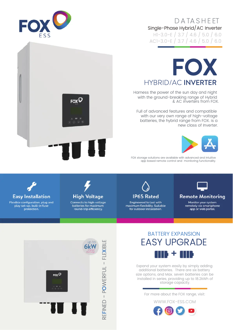 Page 1 de la notice Fiche technique FOX ESS H1-5.0-E