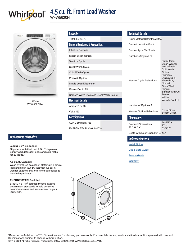 Página 1 del manual Ficha técnica Whirlpool WFW5620HW