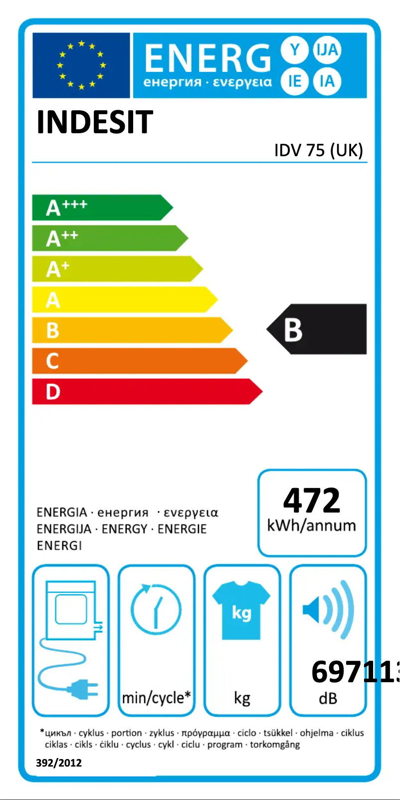 Página 1 del manual Etiqueta energética Indesit IDV 75 (UK)