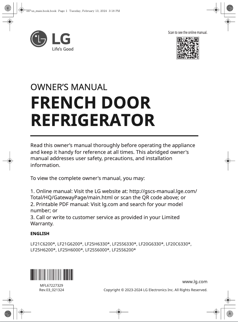 Page 1 de la notice Manuel utilisateur LG LF25S6200D