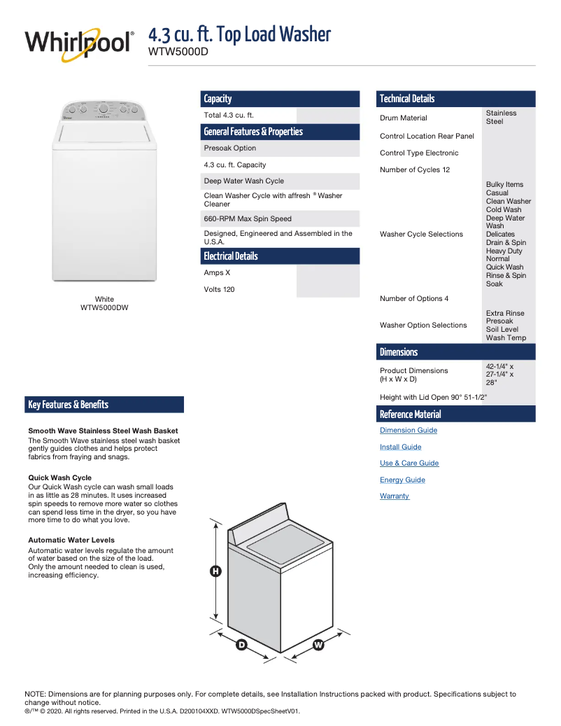 Page 1 de la notice Fiche technique Whirlpool WHLAUWED5000DW