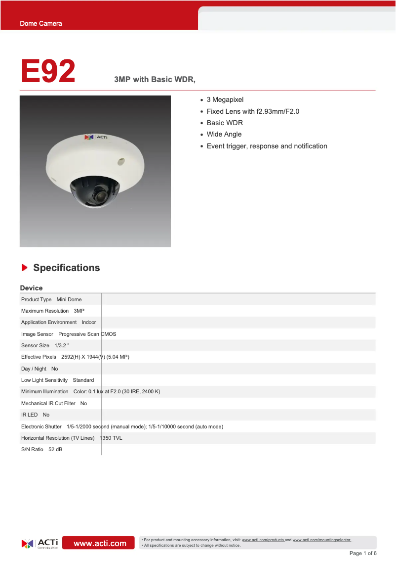 Página 1 del manual Ficha técnica ACTi E92