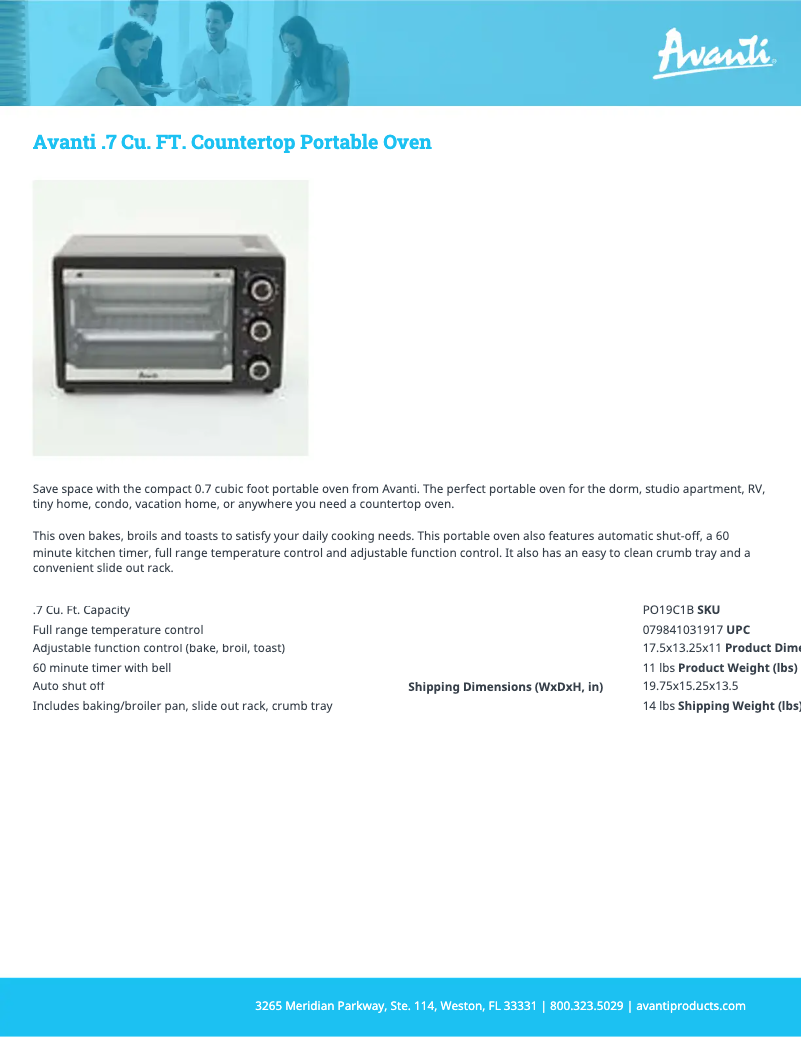 Page 1 de la notice Fiche technique Avanti PO19C1B