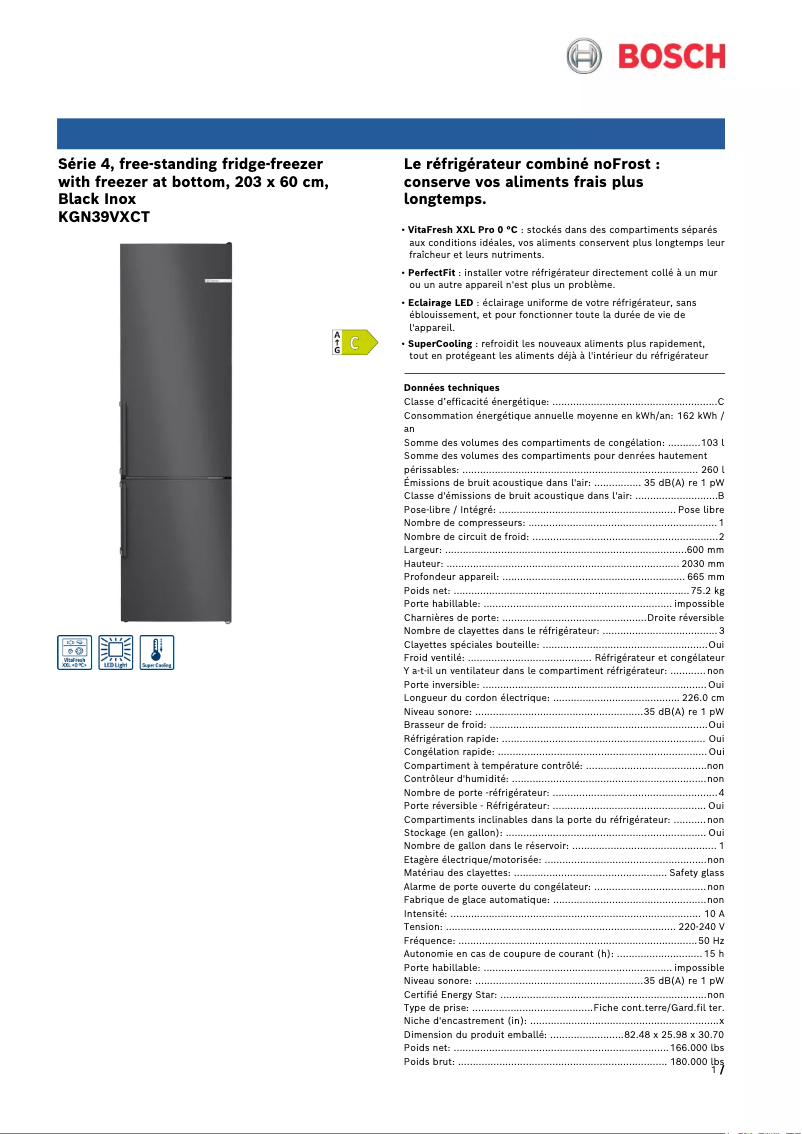 Page 1 of the manual Technical Sheet Bosch KGN39VXCT