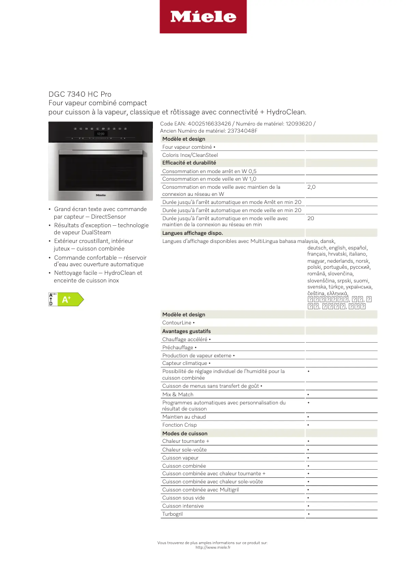 Page 1 de la notice Manuel utilisateur Miele DGC 7340 HC Pro