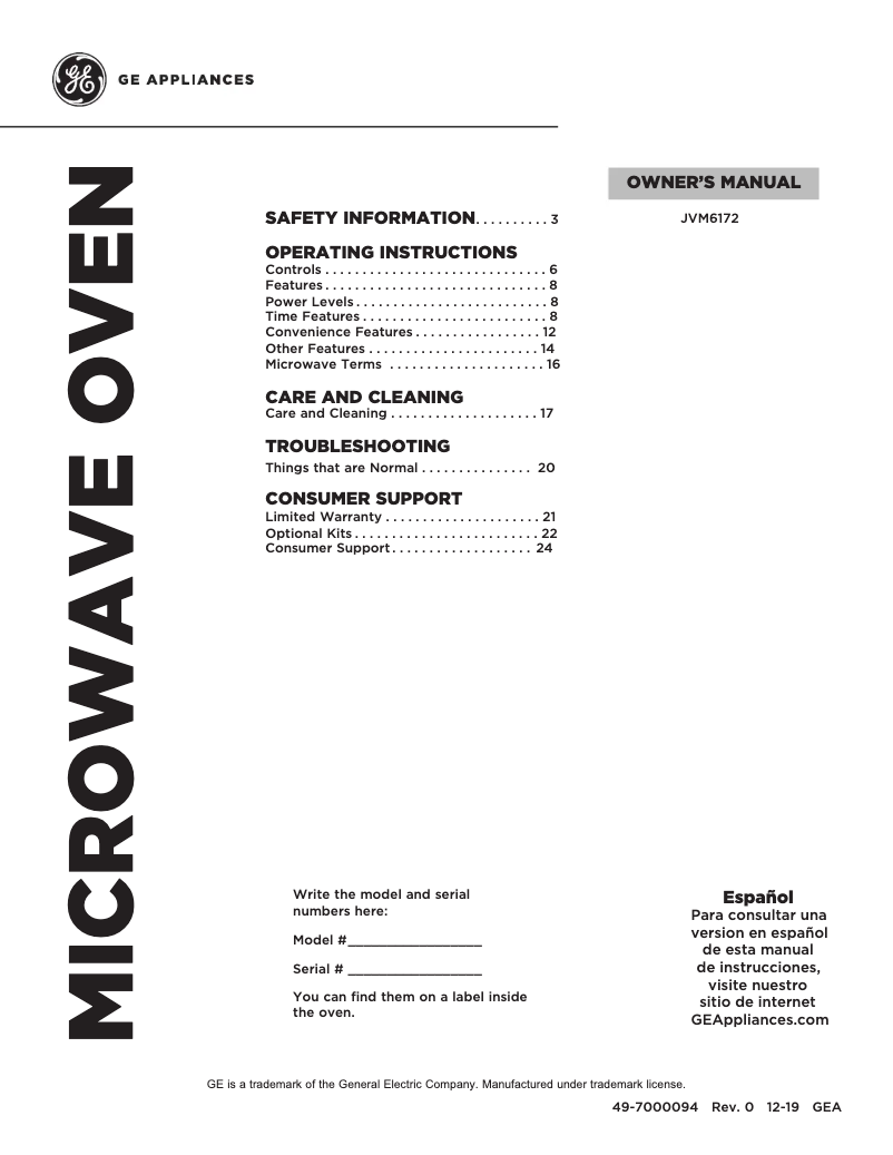 Página 1 del manual Manual de uso y mantenimiento GE JVM6172DKBB